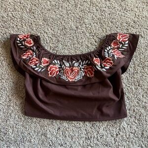 Women’s | SHEIN | Brown Floral Off Shoulder Ruffle Trim Crop Blouse; Size M